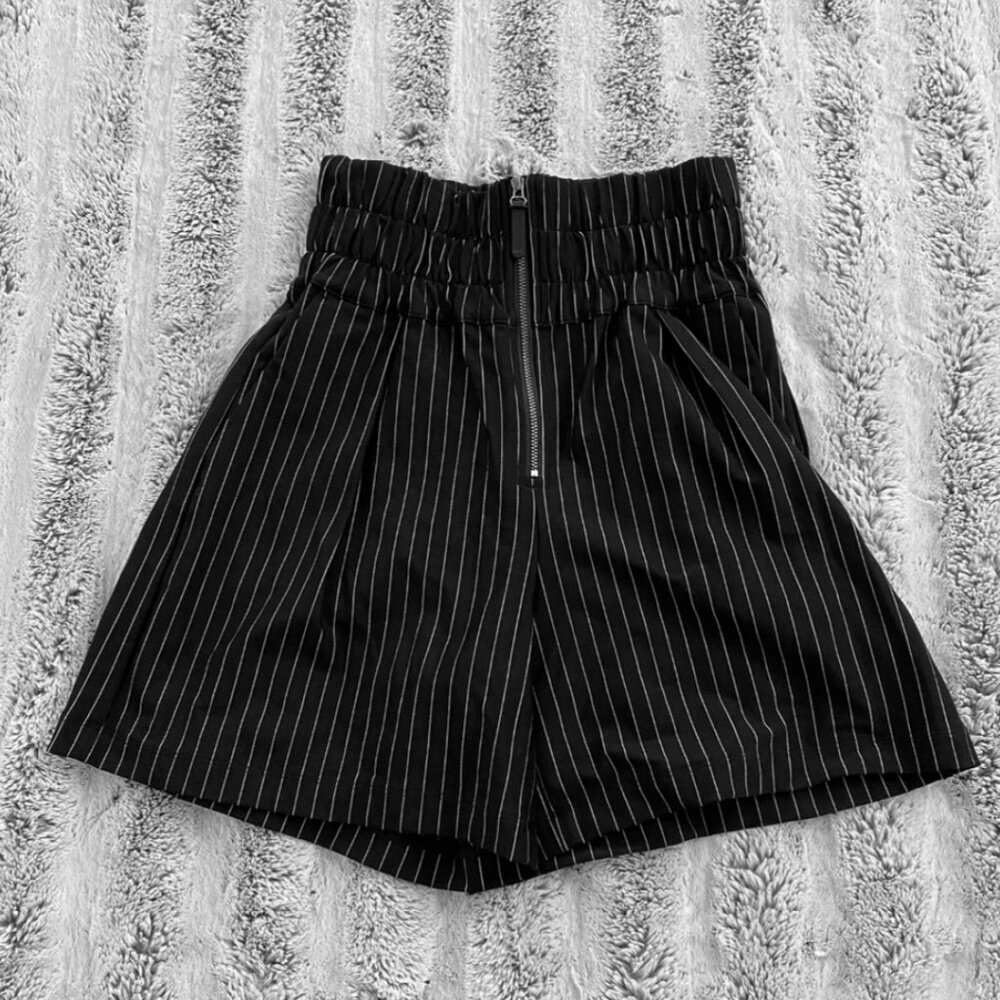 Black + White High-Waisted Pinstripe Shorts with Ruched Waistband